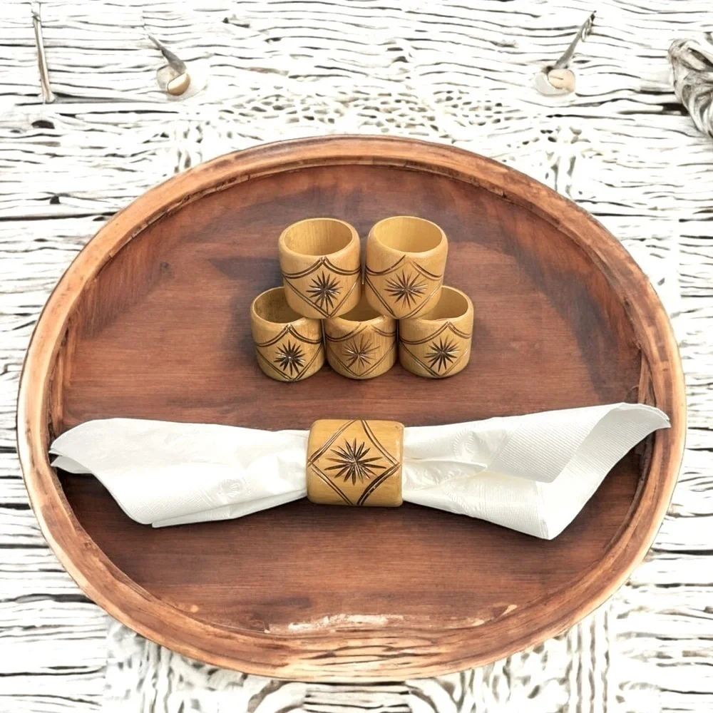 Vintage Hand Carved Bamboo Wood Napkin Rings Set of 6 Boho Tropical Decor